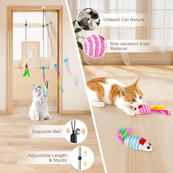 HONGDDY Cat Toys, 14Pcs 4 in 1 Indoor Adult Cat Interactive Toys, Hanging Door Kitten Wand with Suction Cup Removable Feathers Balls Mice Butterfly Streamers