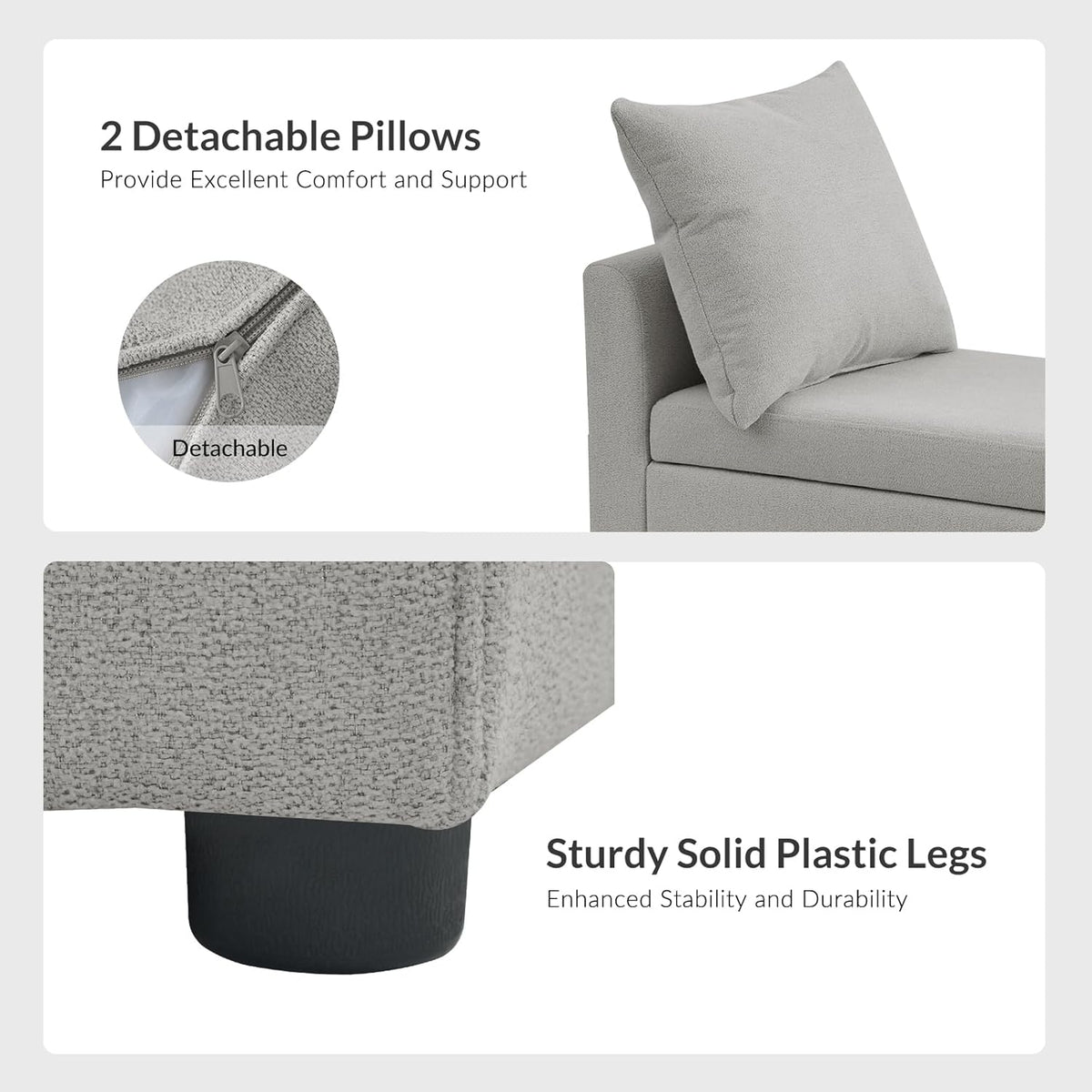 HULALA HOME Modern Storage Ottoman Bench with Throw Pillows, 59" Extra Long End of Bed Bench with Storage Pocket, Comfy Upholstered Footstool for Bedroom Entryway Living Room, Grey