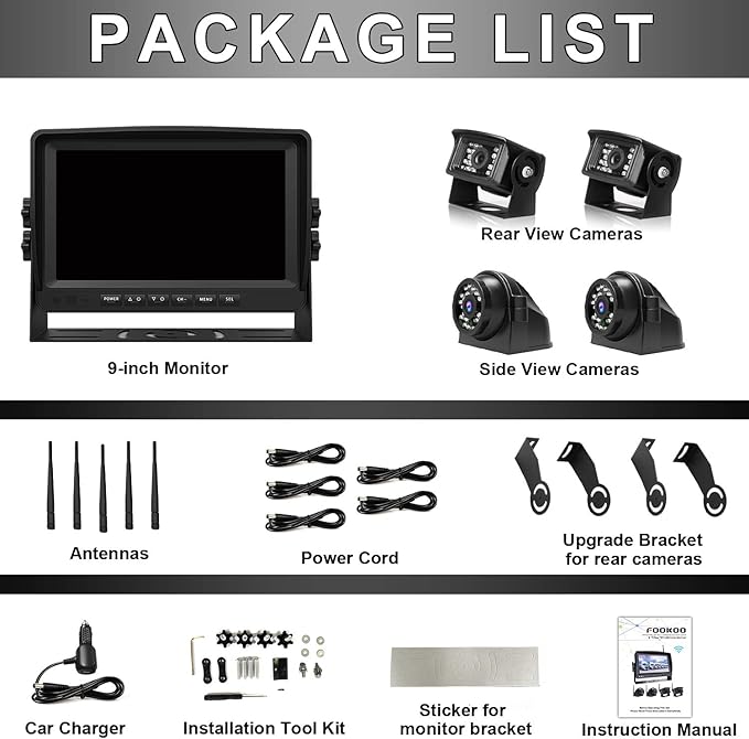 Fookoo HD 1080P 9" Wireless Backup Camera System, 9-inch Quad Split Screen Monitor w/Recording, IP69 Waterproof Side View Rear View Cameras, Digital Signal, Parking Lines for RV/Truck/Trailer (DW9T4)
