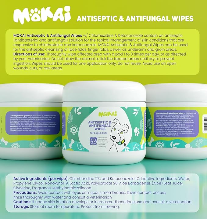 Antiseptic Wipes for Dogs Cats and Horses | Dog Chlorhexidine Wipes with Ketoconazole Dermatological Pads Hot Spots Itchy Paws Skin Rashes