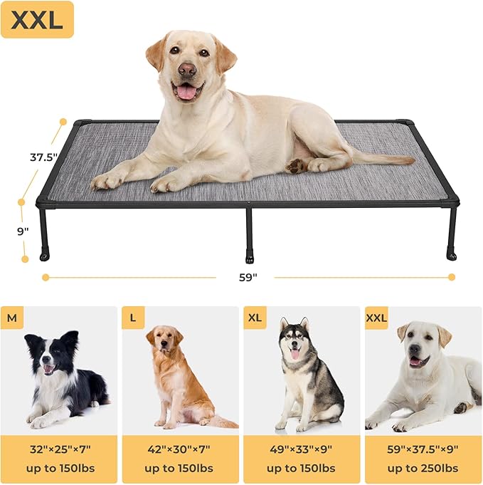 Veehoo Chewproof Elevated Dog Bed - Cooling Raised Pet Cot, Breathable Mesh, Washable & Non-Slip for Large Dogs, Indoor/Outdoor, Black Silver Mat and Black Frame, 59x37inches (Model CWC2203A03)