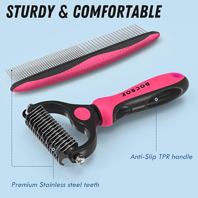 Pet Grooming Brush & Comb Combo, Cat & Dog Brush for Shedding & Dematting, Undercoat Rake for Long-haired Pets, Pink