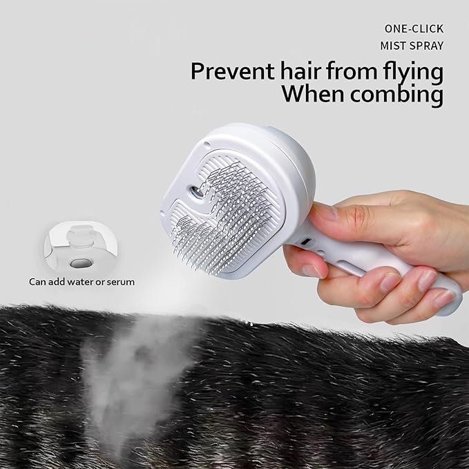 Cat/Dog deshedding brush with spray, Self-Cleaning Hair Comb for Long & Short Haired indoor Cats and Dogs (White)