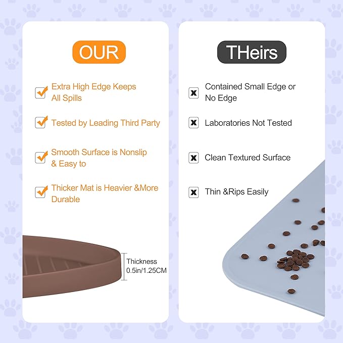 100% Waterproof 0.5" Raised Edge BPA Free Silicone Dog Food Mat, Pet Cat Feeding Mats Contain Spills Protects Floors, Placemats for Cats and Dogs Water Bowl Dishwasher. (Large/XL, Brown)