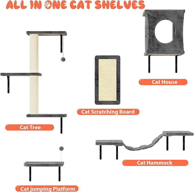 NUNU LAB Cat Wall Shelves Set, 5 Pcs Wall-Mounted Cat Climber with Condo House, Bridge Ladder, Scratching Post, Indoor Cat Furniture Set, Gray