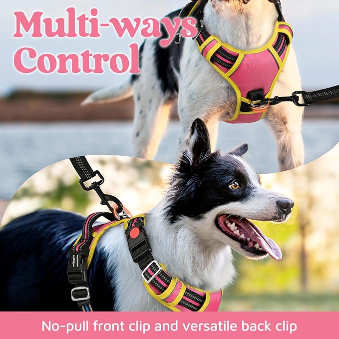 rabbitgoo Dog Harness for Large Dogs, No Pull Pet Vest with 3 Buckles, Adjustable Soft Padded Pet Harness with Easy Control Handle and Reflective Strips, Pink & Yellow, XL