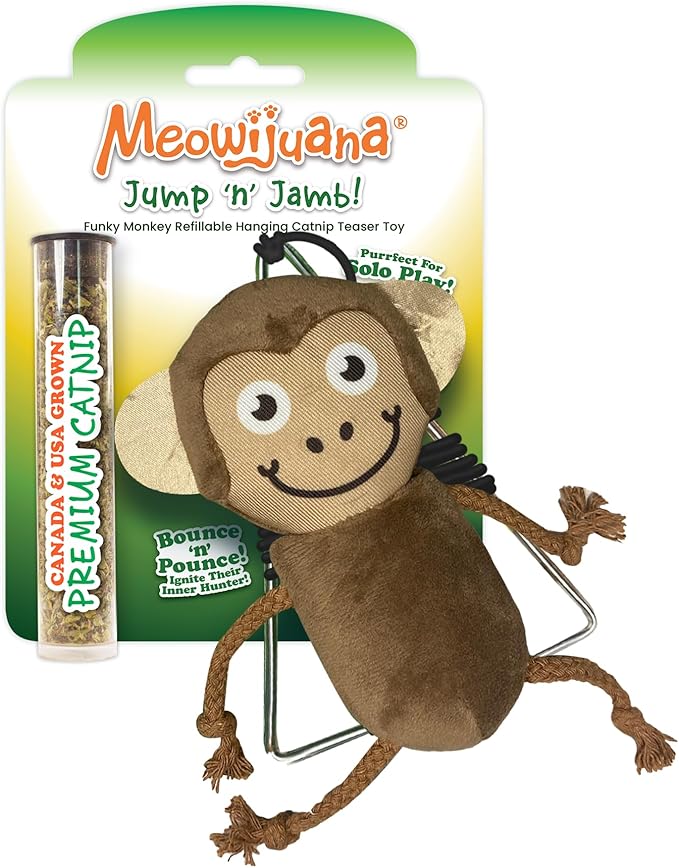 Meowijuana Jump 'n' Jamb Door Hanging Cat Toy | Funky Monkey | Refillable Interactive Catnip Toy | Promotes Play and Cat Health | Includes Potent Catnip Grown in North America