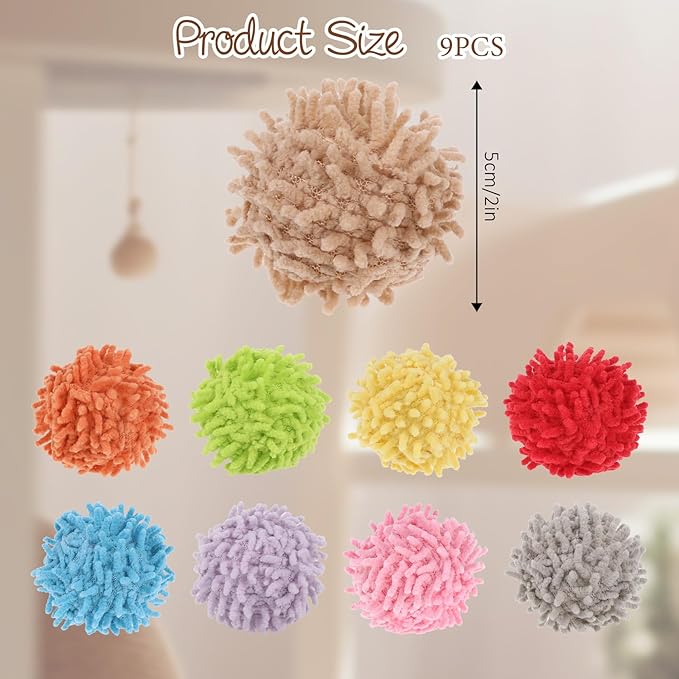 9Pcs Cat Pom Pom Balls, Cats Ball Toys with Bells, 2 inches Soft Cat Balls Toy for Indoor, Assorted Color Yarn Puffs Ball for Cats, Kitten Chasing Toys for Kitty, Pet Interactive Play(Multi-Color)