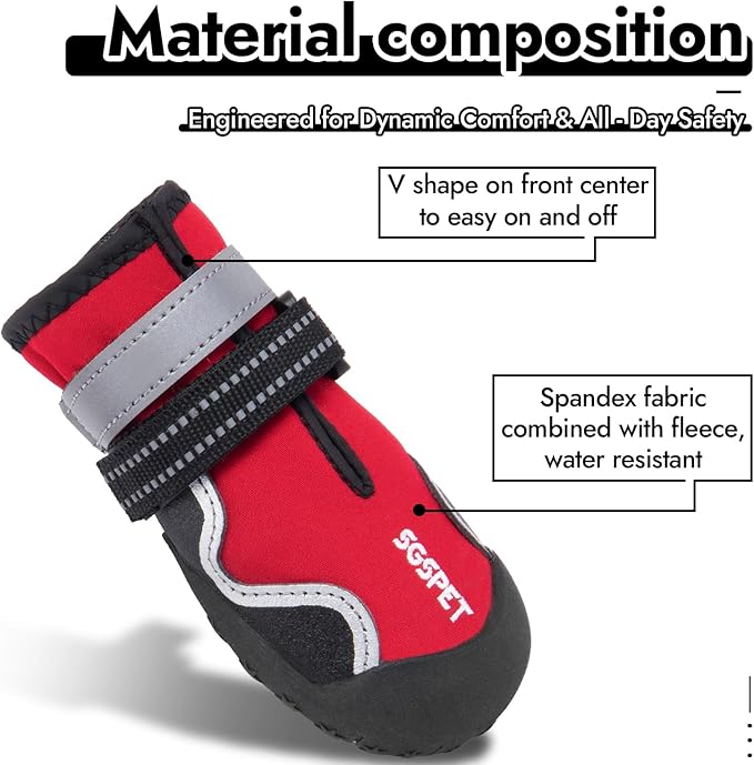 Dog Shoes, Waterproof Dog Boots & Paw Protectors with Anti-Slip Sole, 4pcs/Set Pet Dog Booties, Reflective Dog Shoes for Small Medium Large, Winter Snowy Summer Hot Pavement (Red, 5# (M))