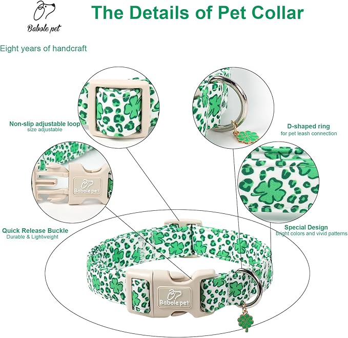 St Patricks Day Dog Collar for Puppy Small Dogs - Leopard Lucky Clover Dog Collars, Lightweight Adjustable Irish Green Festival Shamrock Dogs Collars with Quick Release Buckle XS
