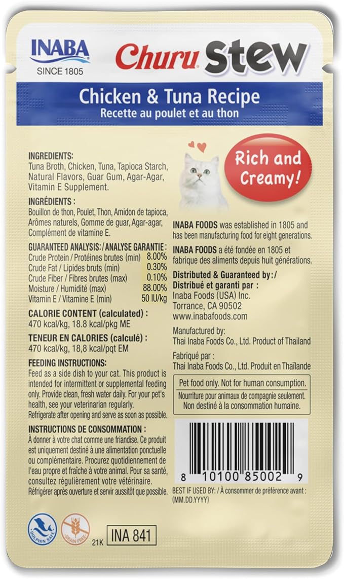 INABA Churu Stew for Cats, Side Dish Pouch with Vitamin E, 1.4 Ounces per Pouch, 12 Pouches, Chicken & Tuna Recipe