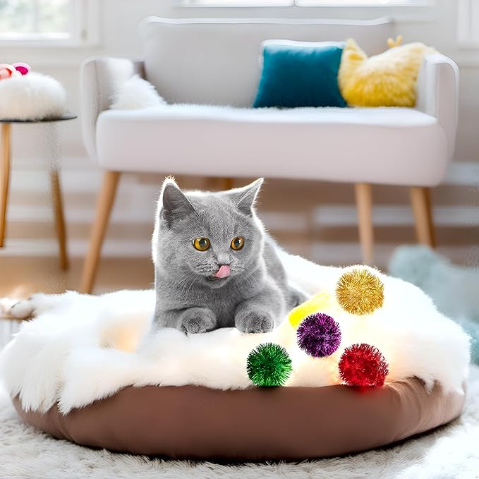 AUEAR, 24 Pack 2 Inch Extra Large Sparkle Cat Ball Glitter Tinsel Pom Pom Balls for Kittens (4 Assorsted Colors)