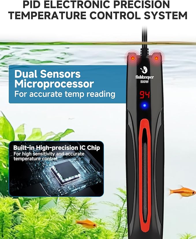 fishkeeper 500W Submersible Aquarium Heater for 65-120 Gal Fish Tanks (Run-Dry/Overheat/Low-Temp Protection)(Precision Electronic Smart Thermostat)(Adjustable Temperature) Ultra-Safe Fish Tank Heater