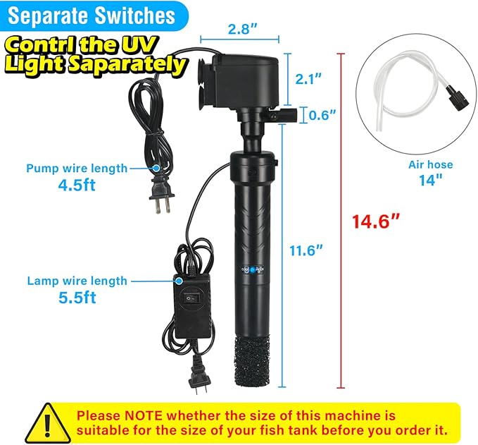 COOSPIDER Aquarium U-V Filter Green Clean Machine for 40-100 Gallon Fish Tank Crystal Clear 300GPH Submersible Water Pump Air Supply Wave Maker Green Killing