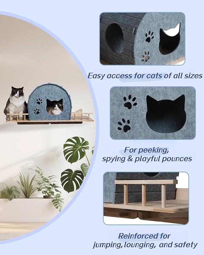 Wall Mounted Felt Cat Bed – Modern Cats Shelf with Wooden Base & 4 Holders, Space-Saving Cat Perch for Indoor Cats, Minimalist Wall Cat Furniture for Resting & Lounging,Gray