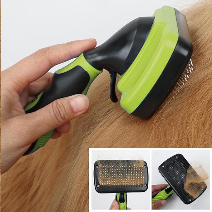 Dog Brush Kit for Grooming Short & Long Haired Dogs & Cats, 4-in-1 Pet Grooming Set with Self-Cleaning Slicker Brush, Deshedding Tool, Shampoo Bath Comb, Massge Comb (Green Black)