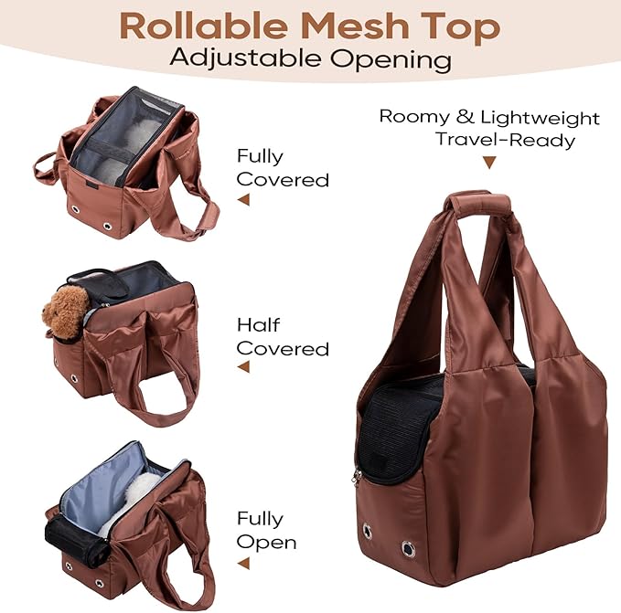 Dog Purse Carrier for Small Dogs, Cats, and Puppies – Soft-Sided Travel Pet Tote Bag with 4 Large Pockets, Foldable, Lightweight, Fits Pets up to 15 lbs, for Travel, Outings (Brown)