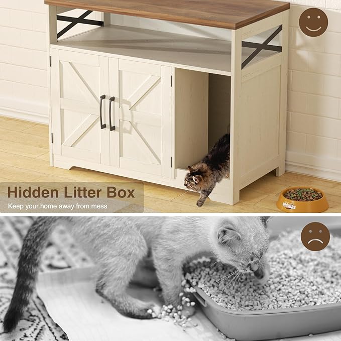 Cat Litter Box Enclosure, Hidden Litter Box Furniture with Scratch Pad, Farmhouse Indoor Cat House Washroom End Table, White