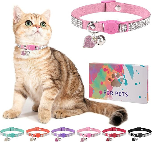 Rhinestone Cat Collar Breakaway with Bell, Diamond Cat Collar with Safety Buckle Quick Release for Girl Boy Kitten Pets Puppy,Cute Soft Female Male Cat Collars,Valentine's Day Pink 8-12"