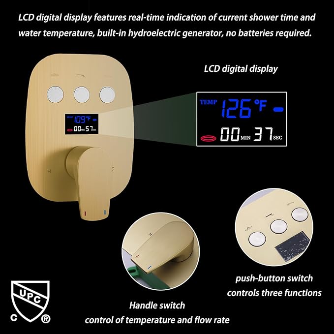 Brushed Gold Shower System Set Temperature Display Push Button Shower Faucet with 12 inch and 8 inch Wall Mount Full Body Shower Head and Handheld Shower