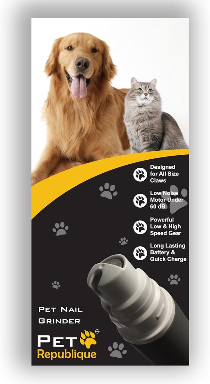 Dog Nail Grinder by Pet Republique - 2 Speed Electric Rechargeable Nail Grinder - Gentle, Quiet, Low, Painless Nail Trimmer - Multi-Setting Grinder for Any Small or Medium Dog, Cat, and Pet Claw
