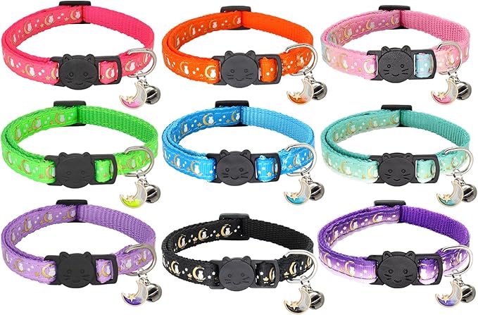 2 Pack Breakaway Cat Collar with Bells,Adjustable Moon and Star Kitten Safety Collars for Boys & Girls,Black+Teal