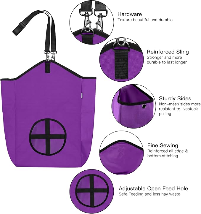 3 Packs Goat Hay Feeder,Hay Bags for Goats,Horses,Sheep,Premium 600D Oxford Cloth,with Metal Fastener and Adjustable Open Feed Hole for Slow Feeding. (2Purple + 1Black)