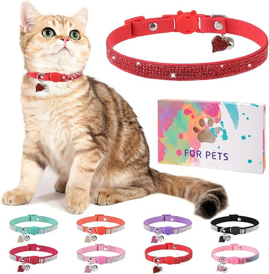 Rhinestone Cat Collar Breakaway with Bell, Diamond Cat Collar with Safety Buckle Quick Release for Girl Boy Small Kitten Pets Puppy,Cute Soft Female Male Cat Collars, Christmas 8-12"