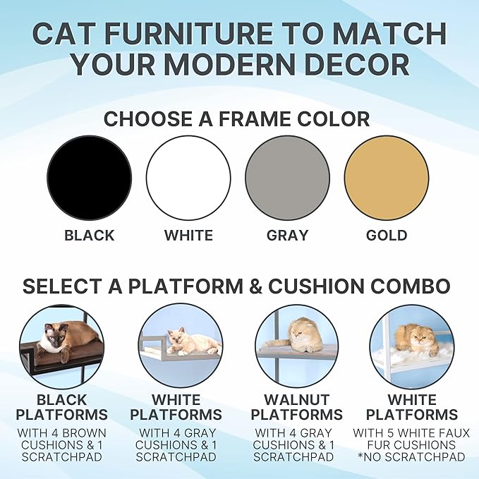 THE REFINED FELINE 62 Inch Tall Metropolitan Cat Condo, Gold Metal Frame Cat Tower, Multi-Level Modern Cat Tree for Indoor Cats, White Platforms with Faux Fur Replaceable Cushions