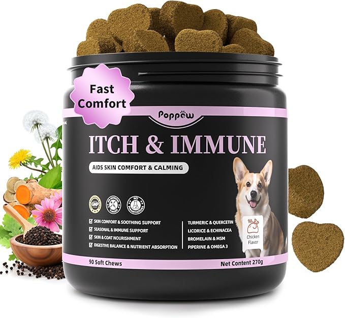 Itch Relief for Dogs - Turmeric Supplements for Itching Skin Comfort & Coat Health & Seasonal Allergy Care, Immune Support Supplement with Omega-3 Fish Oil, Biotin - Chicken Flavor - 90 Count