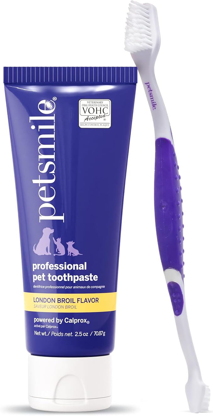 Petsmile Professional Pet Teeth Brushing Kit for Cats & Dogs - Only VOHC Accepted Toothpaste & Patented Toothbrush - Proven to Control Plaque & Tartar Calprox Formula (London Broil, 2.5 Oz)
