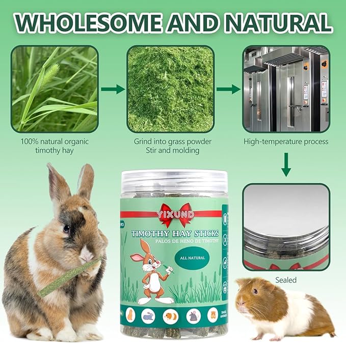 Timothy Hay Sticks Treats for Rabbits & Other Small Pets - 40pcs Natural Handmade Chew Toys
