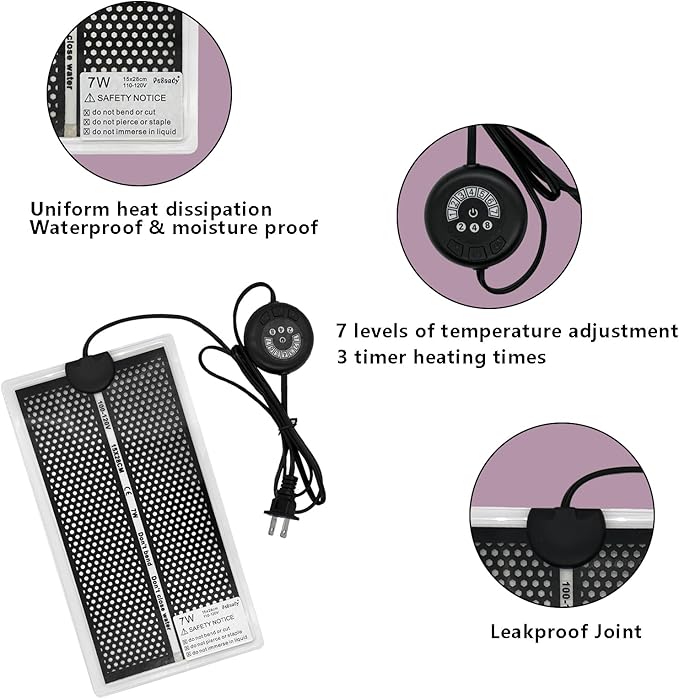 Reptile Heat Pad with 7 Button Temperature Adjustment, Under Tank Terrarium Heat Mat for Reptiles Tortoise Snakes Lizard Gecko Frog Hermit Crab and Other Small Animals, 7W Reptile Heating Pads