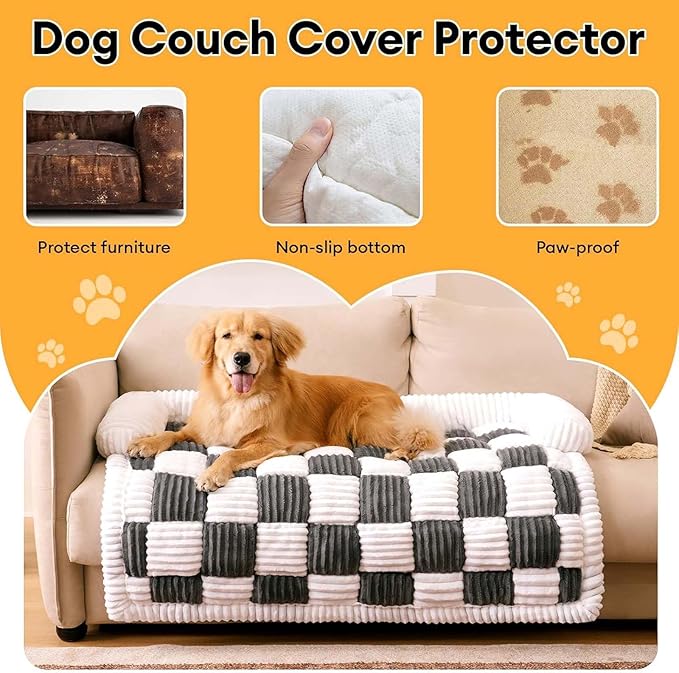 Dog Couch Cover Protector, Pet Couch Covers for Sofa, Dog Couch Cover Fuzzy Sofa Cover Cream Square Plaid Dog Bed Plush Dog Mat for Furniture Protector for Large Medium Dogs and Cats
