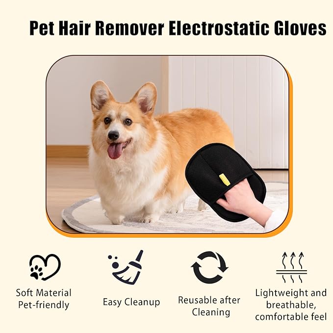 The Magic Brush Pet Hair Remover, Acssart Pet Hair Removal Glove, Electrostatic Pet Grooming Gloves, Efficient Reusable Cat & Dog Hair Remover for Couch, Furniture, Carpet, Curtain (2PCS)