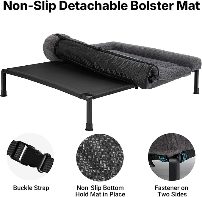 Veehoo Elevated Dog Bed Large Sized with Fluffy Plush Bolster Cushion, Washable Orthopedic Dog Couch Bed, Cooling Raised Pet Cot with Removable Mat, Breathable Mesh, No-Slip Feet, 45 x 34 inches, Grey