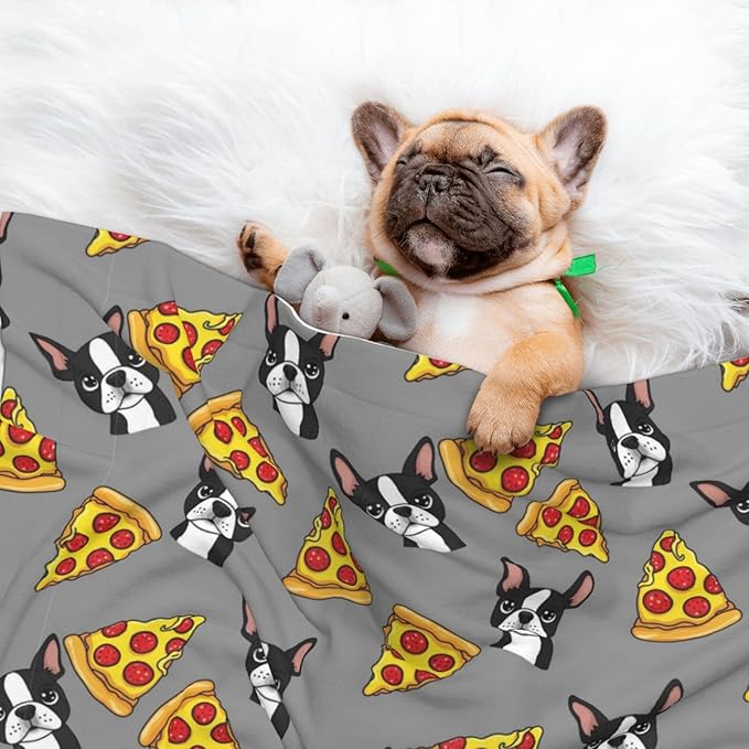 Double Sided Pet Mat for Dog Bed Topper Cat Blanket Furniture Protector, Grey Boston Terrier Dog Pizza, Reversible Plush with Tactile Dot Pattern for Style Change