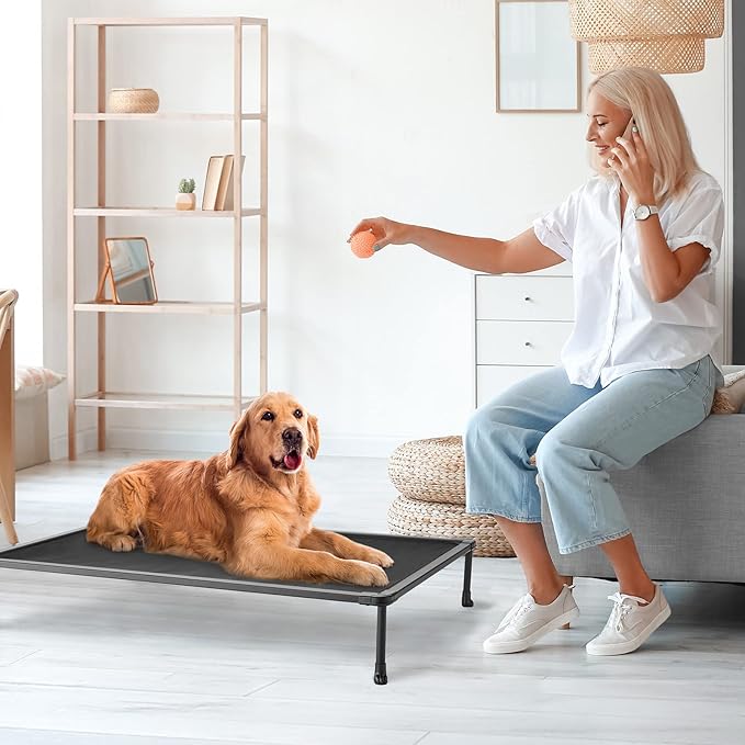Veehoo Chewproof Elevated Dog Bed - Cooling Raised Pet Cot, Breathable Mesh, Washable & Non-Slip for Large Dogs, Indoor/Outdoor, Black Mat and Black Frame, 42x30inches (Model CWC2203A03)