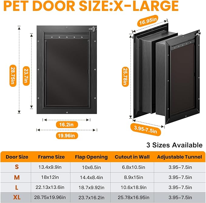 XL Dog Door for Wall, All Aluminum Extra Large Dog Door, Heavy Duty Pet Door Easy to Install, 2 Magnetic Flaps Energy Efficient, Telescoping Tunnel for Exterior Walls, Pet Up to 220 Lb-Black