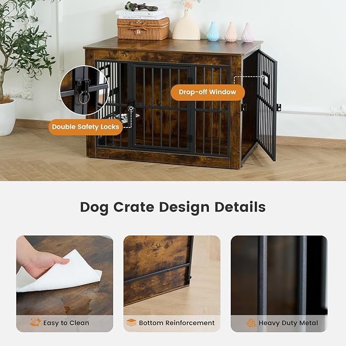 Gardner Pet Dog Crate Furniture for Medium Dogs, 32.7 Inch Dog Kennel Indoor, Wooden Dog Cage End Table with 2 Removable Bowls, Heavy Duty Dog Crate, Rustic Brown