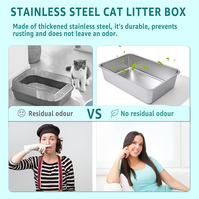 Stainless Steel Cat Litter Box 2 Pack,XL Metal Litter Box for Big Cats, Cat LitterBox Metal Pet Toilet Easy to Clean,High Sided Litters Boxes Adult Big Cats,Non Stick, No Smell,23.6"x15.8"x6"