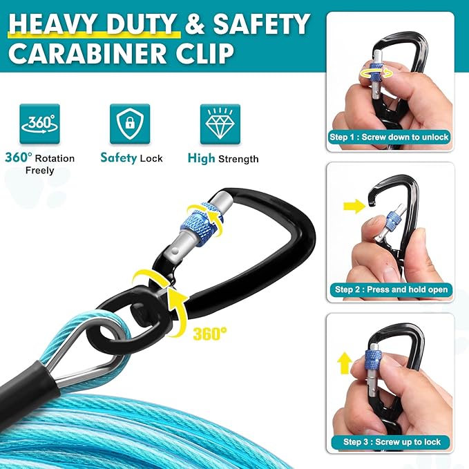 Snagle Paw 10FT Tie Out Cable for Dogs-1000LBS Break Strength,Heavy Duty Dog Leads for Yard with Shock Absorbing Spring & Swivel Hook,Dog Leash Cable for Outside,Dog Line Tether for Small Large Dogs