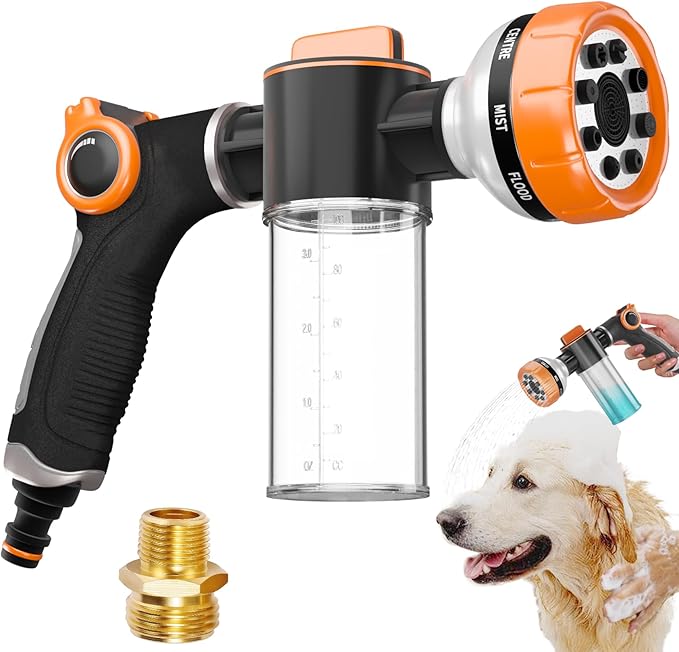 Dog Washing Hose Attachment, Pet Shower, Upgrade 8-in-1 Mode Dog Shower Attachment with 3.5oz 100cc Soap Dispenser, Replacement Hose Adapter for Pet Washing Irrigated Lawn Patio Car Cleaning
