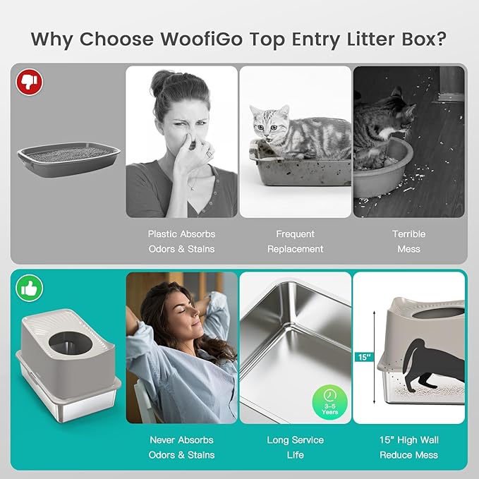 Stainless Steel Cat Litter Box, XL Top Entry Litter Box for Big Cats, Enclosed Large Cat Box with High Wall, Metal Cat Litter Pan Never Absorbs Odors, Easily Cleaning, Include Scoop
