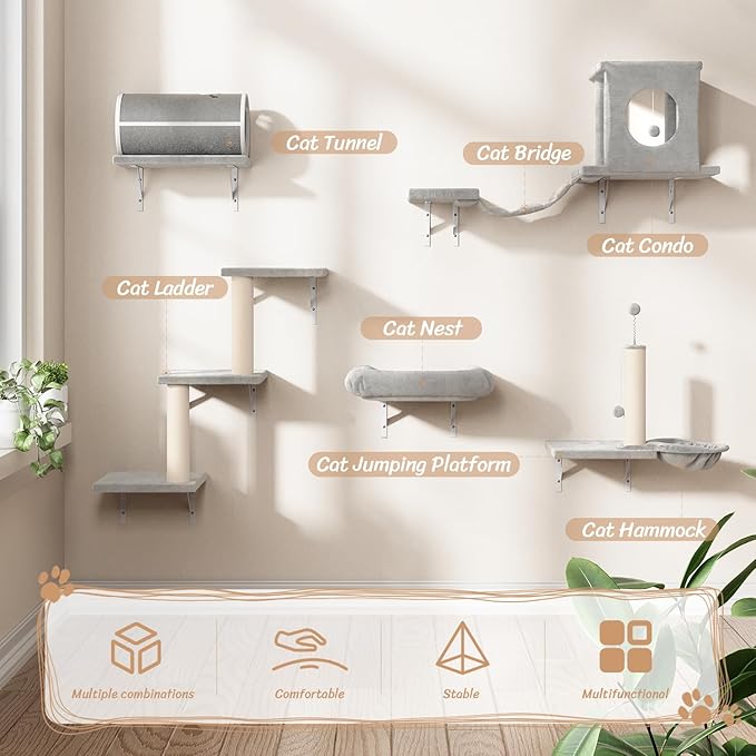NUNU LAB Cat Wall Shelves Set, 7 Pcs Wall-Mounted Cat Climber with Cat House, Tunnel, Bridge, Scratching Post, Hammock, Wall Shelves, Gray