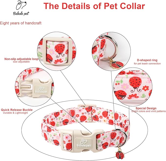 Lucky Ladybug Dog Collar for Medium Dogs - Sweet Pink Girl Dog Collars, Lightweight Adjustable Spring Garden Mom Dogs Collars with Quick Release Buckle M