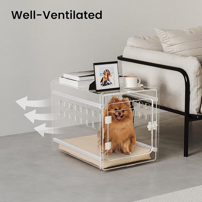 Sumerflos Clear Acrylic Dog Crate - Modern Dog Kennel Furniture, Indoor End Table Dog Crate Lockable Ventilated for Most Small Dog Cat Pet, 21.65" L x 15.74" W x 17.71" H
