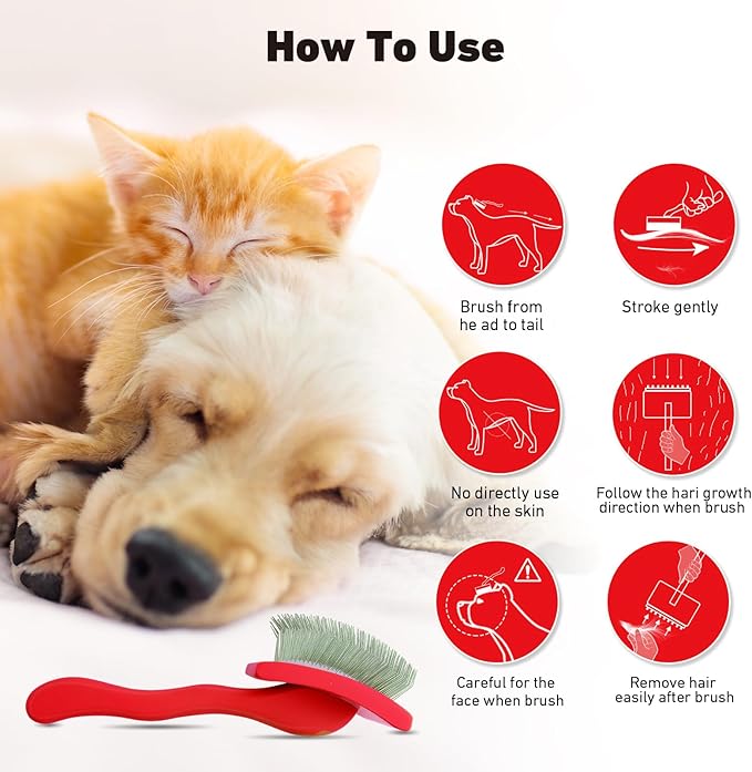 Dog Slicker Brush for Shedding and Grooming Medium or Long Haired Cats, Extra Long & Soft Pin Slicker Brush for Removes Loose Hair, Tangles, Knots, Undercoat, Free Pet Comb, Large Red
