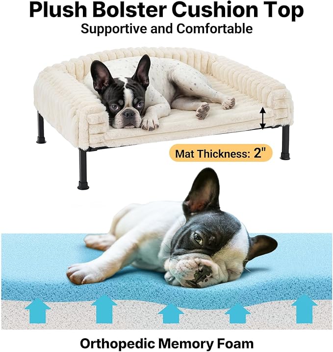 Veehoo Elevated Dog Bed with Bolster Cushion, Fluffy Plush Dog Couch Beds for Small Dogs, Cats, Washable Raised Pet Cot with Non-Slip Feet for Indoor or Patios Use, 30 x 20 Inches, White