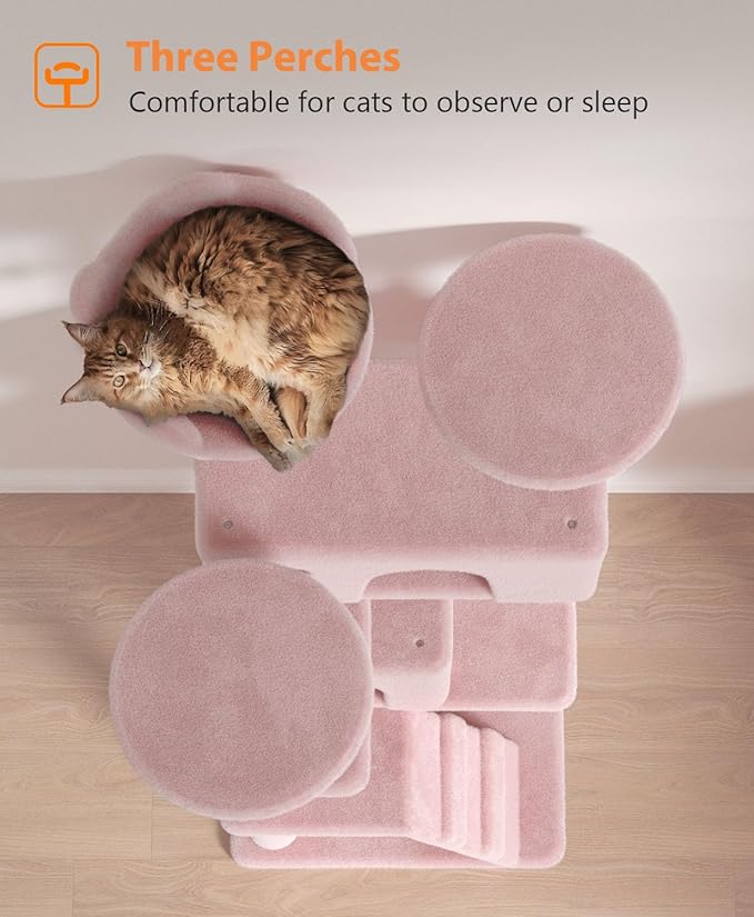 54" Cat tree Tower for Indoor Cats Large Adult,Cute/Tall Modern Cat Tree for Big Cats 20 lbs,Plush Multi-Level Cat Condo with Scratching Posts, Dangling Ball for fun play (Soft Pink, 54 inch)